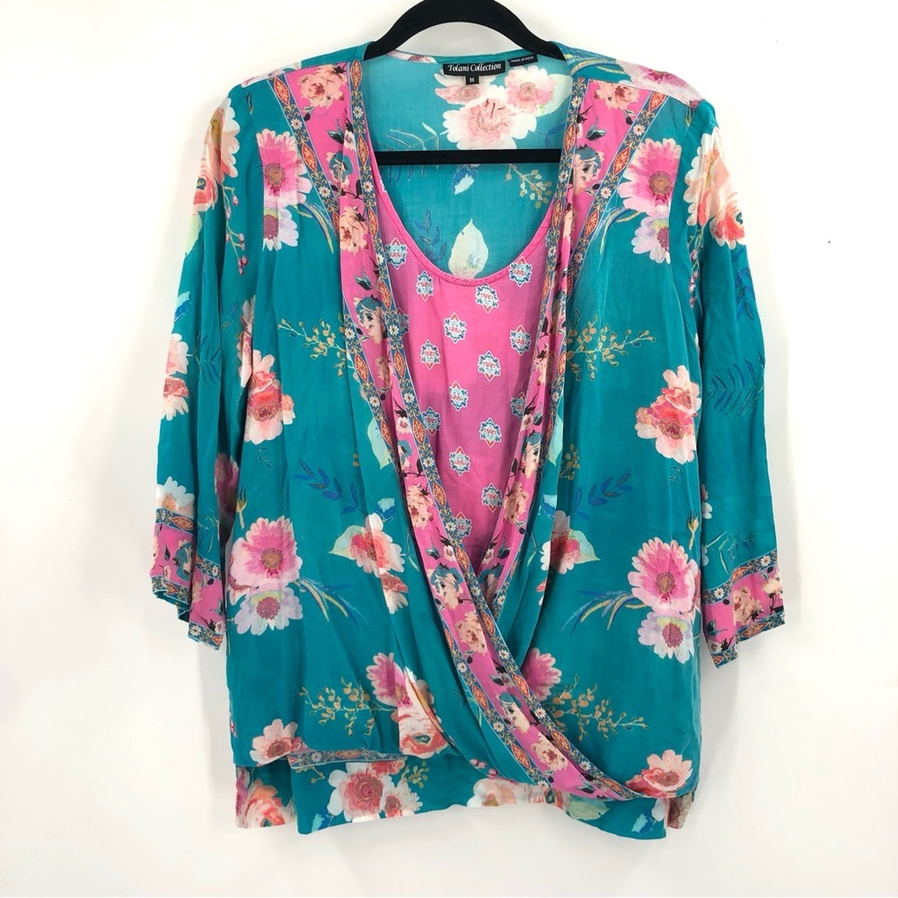 TOLANI COLLECTION Top 100% Modal Faux Wrap Crossover Made in India Floral Flower